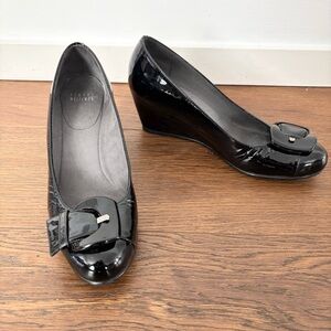 Stuart Weitzman Glossy Buckle Patent Black Wedges